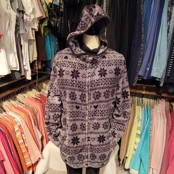 NO BOUNDARIES Plush Black 'n Gray LOVE 🖤's 'n Snowflakes Zip Hoodie Jacket XXL - Picture 10 of 11